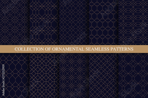 Collection of ornamental seamless stylish patterns. Grid geometric luxury blue backgrounds. Linear rich golden textures