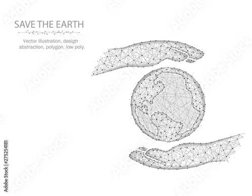 Hands hold the planet low poly design, save the earth in polygonal style, wire frame vector illustration on white background
