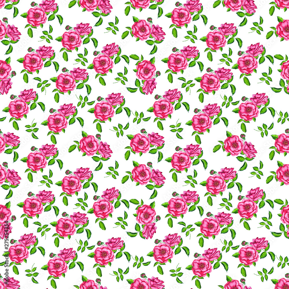 Seamless pattern of pink roses and green leaves on the white background. Painted of markers. Endless elements for your greeting cards, textile, design, wedding announcements. 