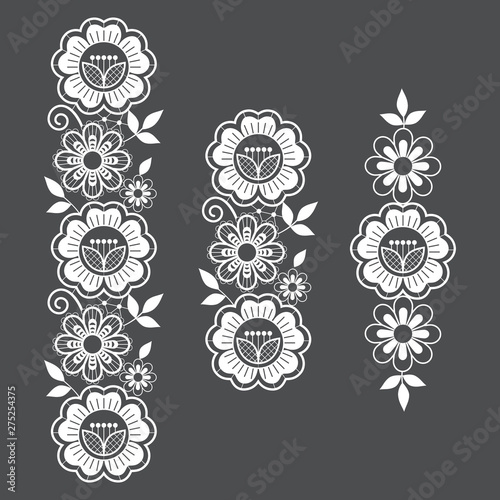 Lace vector long pattern set, vertival design with flowers and swirls, detailed lace motif photo