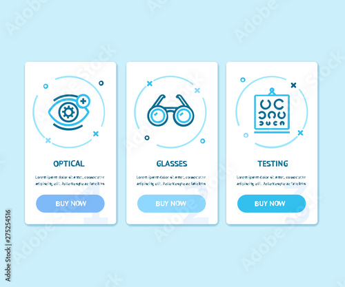 Ophthalmology and Optometry App Screens Web Banners Cards Set. Vector