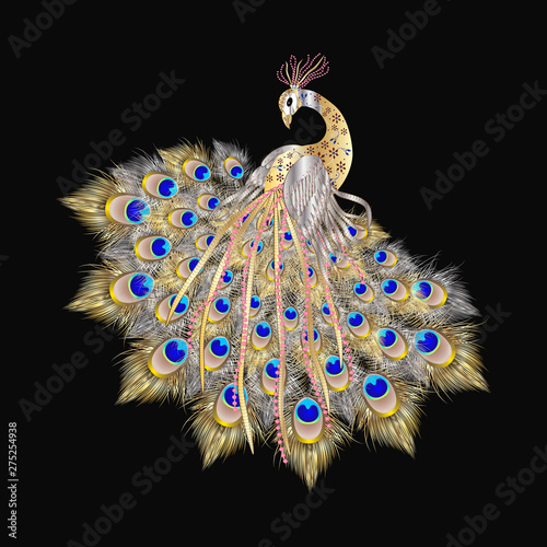 Beautiful Peacock isolated on black background. Vector illustration. EPS 10