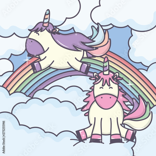 cute adorable unicorns with clouds and rainbow characters