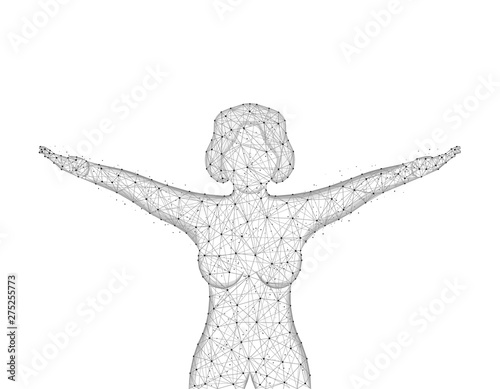 Girl in good physical shape low poly design, happy woman in polygonal style, girl raised her arms up wire frame vector illustration on white background