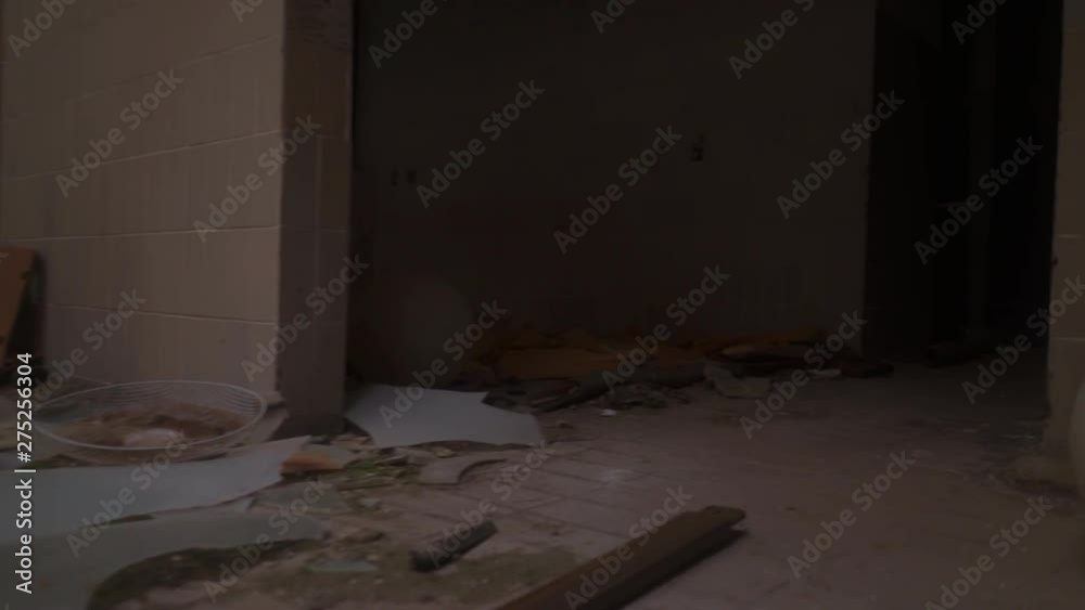 Total destruction in abandoned building, first person view walking through spooky scenery and disappearing into total darkness Total destruction in abandoned building, first person view walking through spooky scenery and disappearing into total darkness