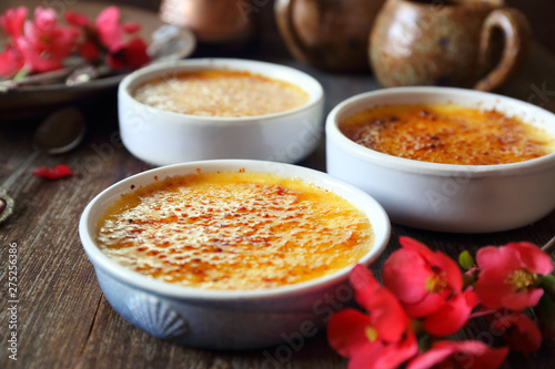 Creme brulee, french traditional dessert, three portions