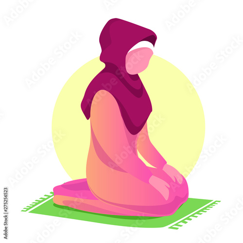 A woman in a hijab prays. Islam, Muslim, hijab, prayer. Vector illustration