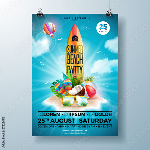 Summer Beach Party Flyer Design with flower, beach ball and surf board. Vector Summer nature floral elements, air balloon, tropical plants and typography letter on blue cloudy sky background. Design