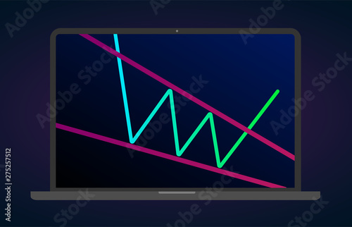Descending wedge pattern figure technical laptop analysis. Vector stock and cryptocurrency exchange graph, forex analytics and trading market chart. Falling bullish wedge breakouts flat vector icon.