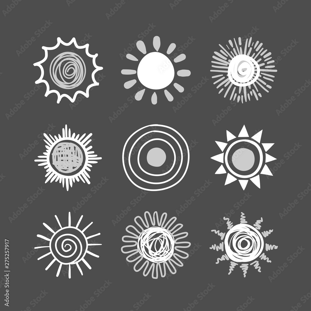 suns hand drawn doodle icon set. black and white