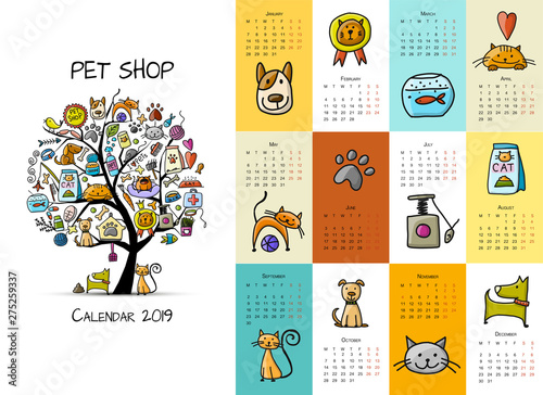 Pet shop collection, calendar 2019 design