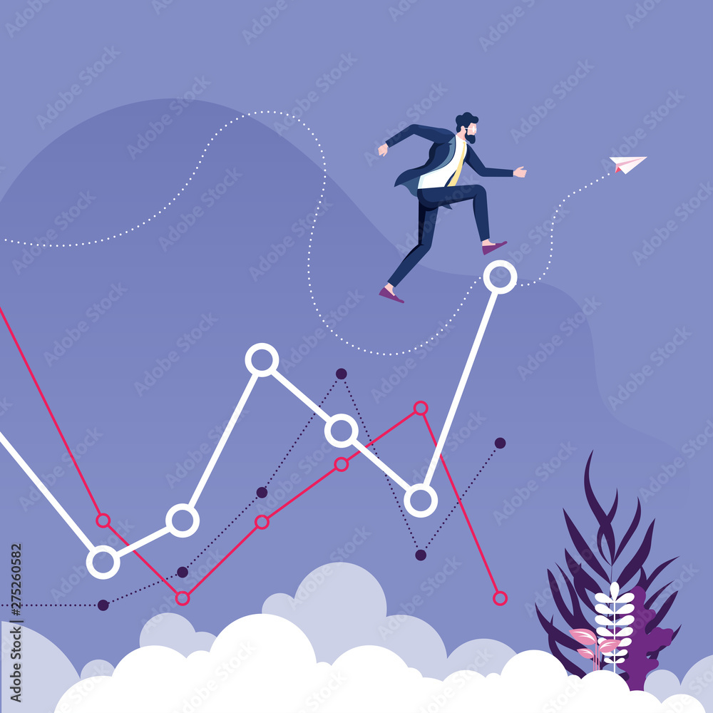 Businessman jump to higher level of graph. Business growing Concept Businessman jump to higher level of graph. Business growing Concept