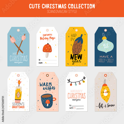 Collection of Christmas gift tags and labels templates. Happy New Year cheerful lettering.