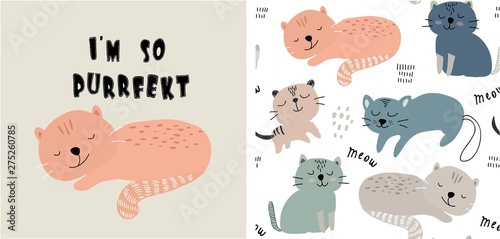 set of cute cat print and seamless pattern with cats. vector