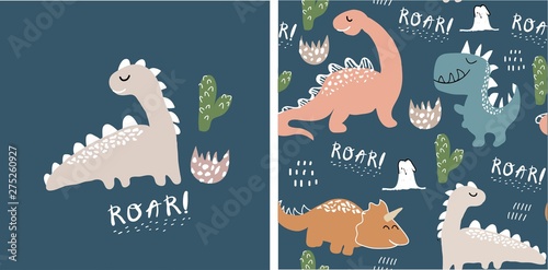 Fototapeta Naklejka Na Ścianę i Meble -  set of cute dinosaur print and seamless pattern with dinosaurs. vector illustration