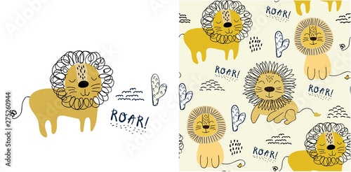 set of cute lion print and seamless pattern with lions. vector