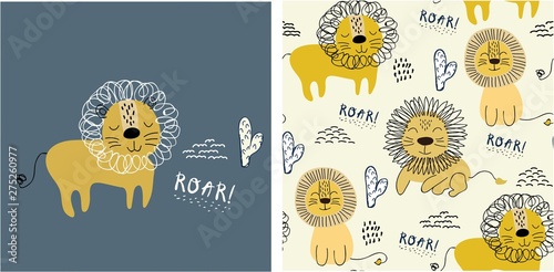 set of cute lion print and seamless pattern with lions. vector