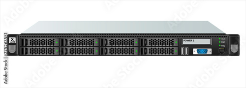Carrier-class server size 1u with eight 2.5-inch hard drives for mounting in a 19-inch rack. Vector illustration.