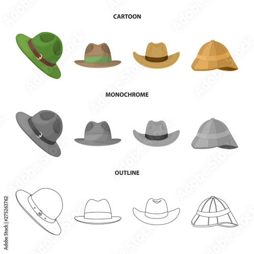 Vector illustration of hat and cap sign. Collection of hat and model stock symbol for web.