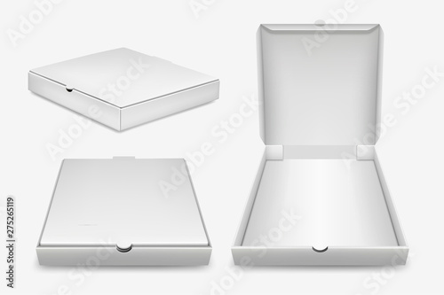 Vector 3d Realistic Blank White Closed and Opened Pizza Box Template Set Closeup Isolated on White Background. Mockup for Logo, Corporate Design. Top, Front and Side View