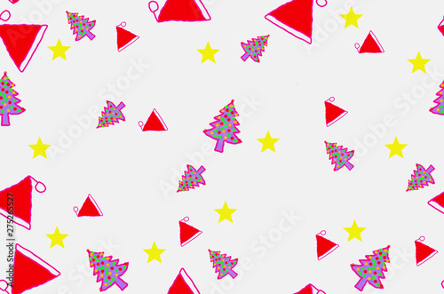 Santa hats Christmas seamless pattern with Christmas trees and stars. Abstract pattern for wrapping paper or textile. Cool retro style background.