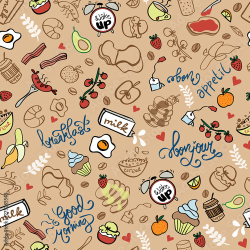 Seamless pattern with hand drawn breakfast meal and lettering. Design for menu, banner, site header, wallpaper, wrapping, fabric, textile, scrapbook or packaging for cafe, restaurant or bakery shop.