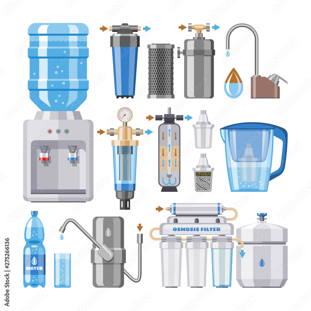 Water filter vector filtering clean drink in bottle and filtered or purified liquid illustration set of mineral filtration or purification to clear aqua isolated on white background - obrazy, fototapety, plakaty 