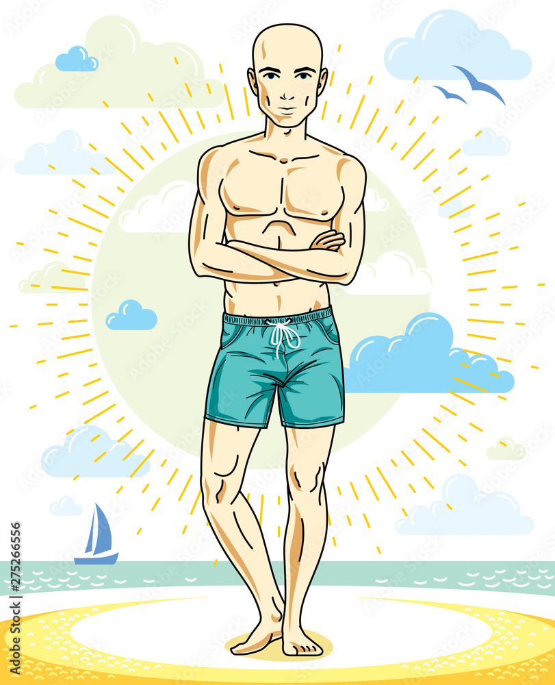 Handsome bald young man standing on tropical beach in bright shorts. Vector athletic male illustration. Summer vacation lifestyle theme cartoon.