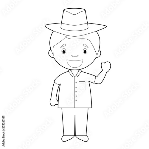 Easy coloring cartoon character from Cuba dressed in the traditional way with a Panama hat. Vector Illustration.