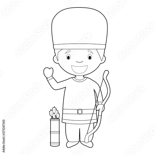 Easy coloring cartoon character from Hungary dressed in the traditional way as a magyar warrior. Vector Illustration.