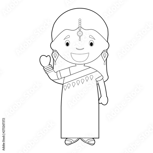 Easy coloring cartoon character from India dressed in the traditional way with sari. Vector Illustration.