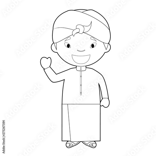 Easy coloring cartoon character from Indonesia dressed in the traditional way Vector Illustration.