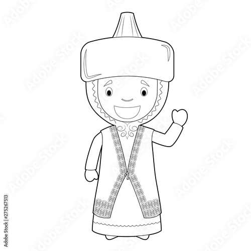 Easy coloring cartoon character from Kazakhstan dressed in the traditional way Vector Illustration.