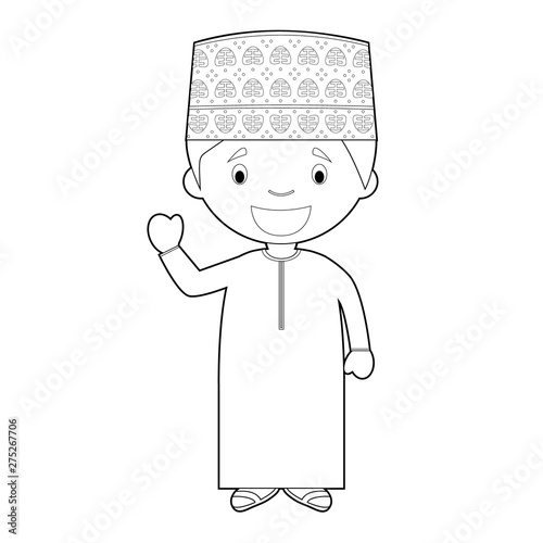 Easy coloring cartoon character from Oman dressed in the traditional way Vector Illustration.
