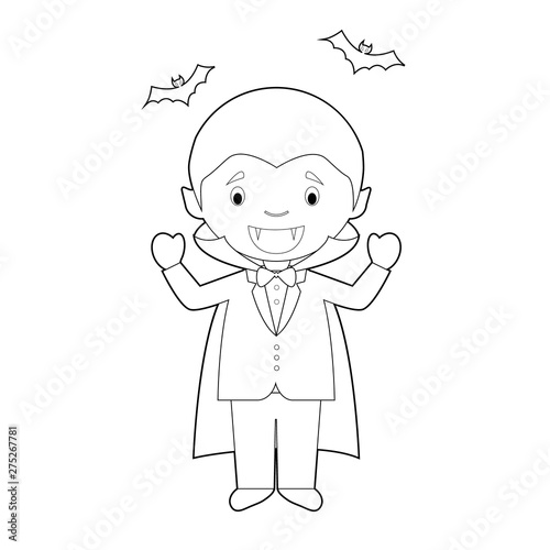 Easy coloring cartoon character from Romania dressed as a vampire of Transilvania. Vector Illustration.