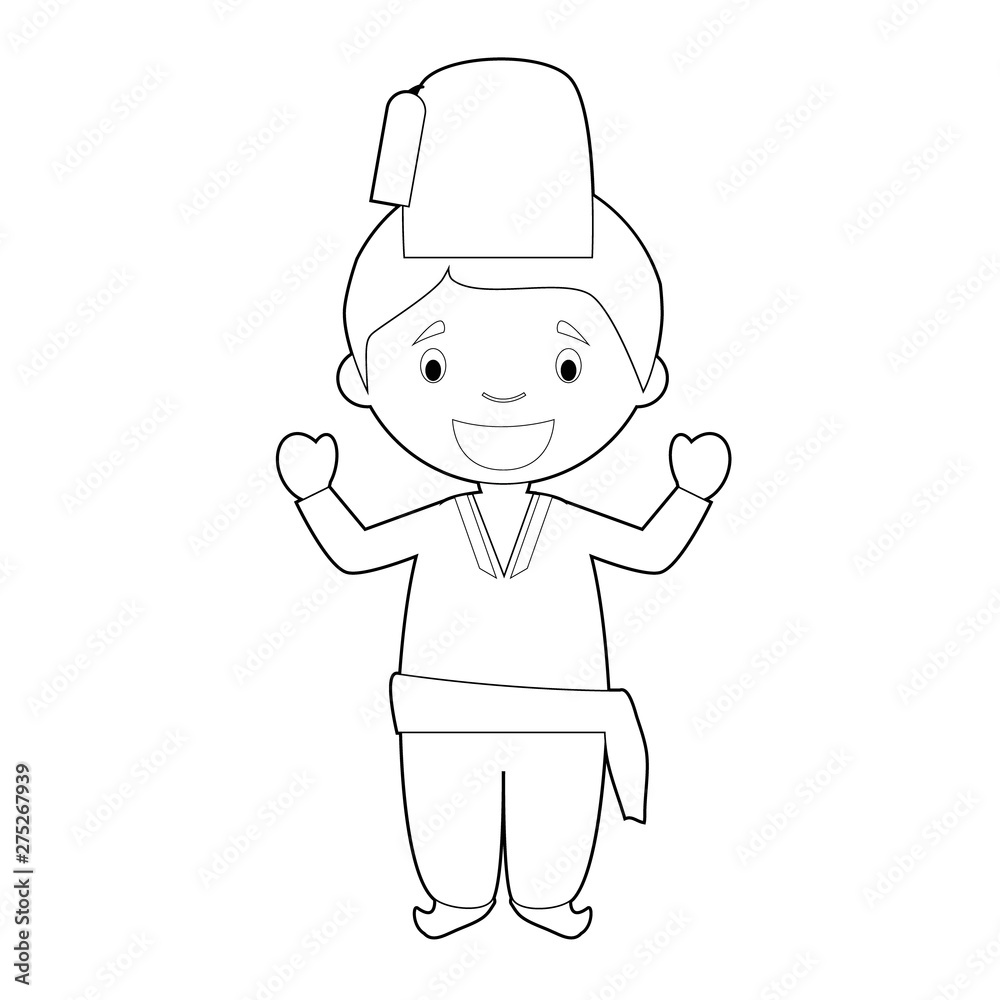 Easy coloring cartoon character from Turkey dressed in the traditional way Vector Illustration.