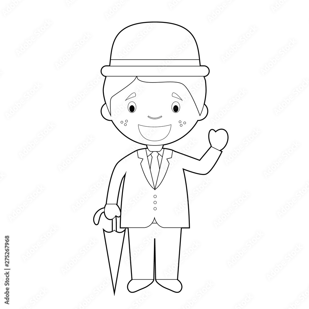 Easy coloring cartoon character from England dressed in the traditional way with umbrella. Vector Illustration. Easy coloring cartoon character from England dressed in the traditional way with umbrella. Vector Illustration.