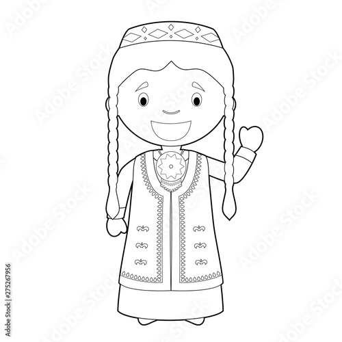 Easy coloring cartoon character from Turkmenistan dressed in the traditional way Vector Illustration.