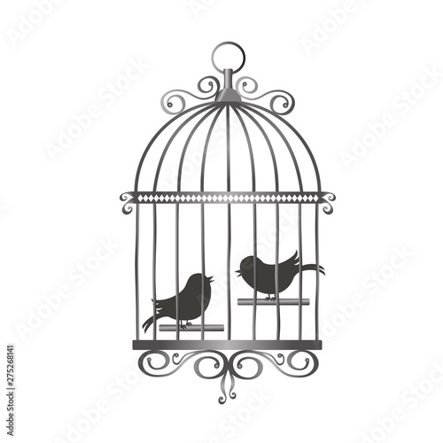 Silver vintage bird cage with bird silhouettes