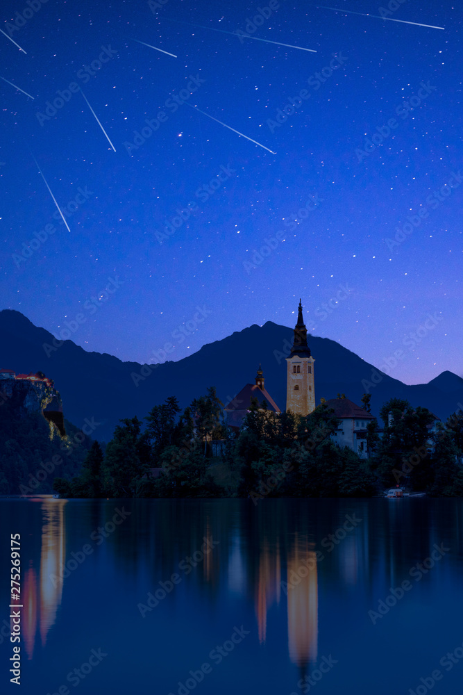 Fototapeta premium Perseid MEteor Shower over Bled Lake in Slovenia
