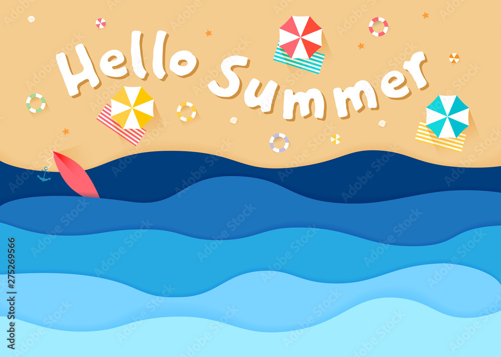 Hello summer. Top view of sea waves and beach, paper art cartoon. Vector illustration