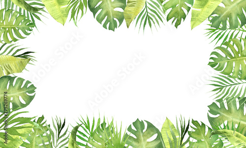 hand painted watercolor border frame green tropical leaves. monstera, palm tree leaves, banana plant leaves. empty space for text. template for design wedding invitation, greeting card