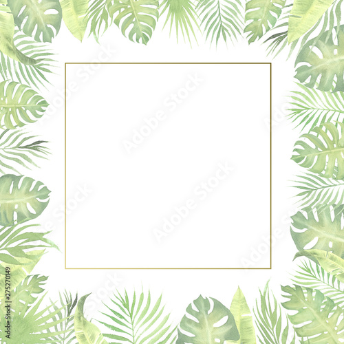 hand painted watercolor border frame green tropical leaves. monstera, palm tree leaves, banana plant leaves. empty space for text. template for design wedding invitation, greeting card