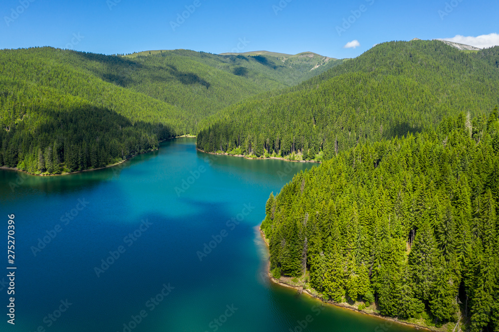 Mountain forest lake landscape. Aerial view. View on the turquoise color lake between mountain forest. Over beautiful turquoise mountain lake and green forest. National park. Green pine and fir trees