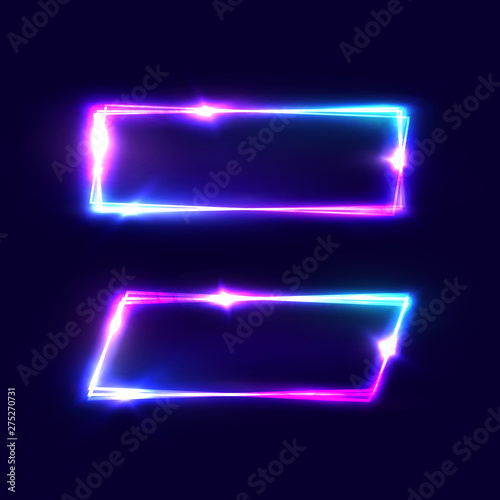 Rectangle neon signs set on dark blue background. Color glowing geometric shapes. Banner flyer poster element design template with text space. Night club shining signboards. Bright vector illustration