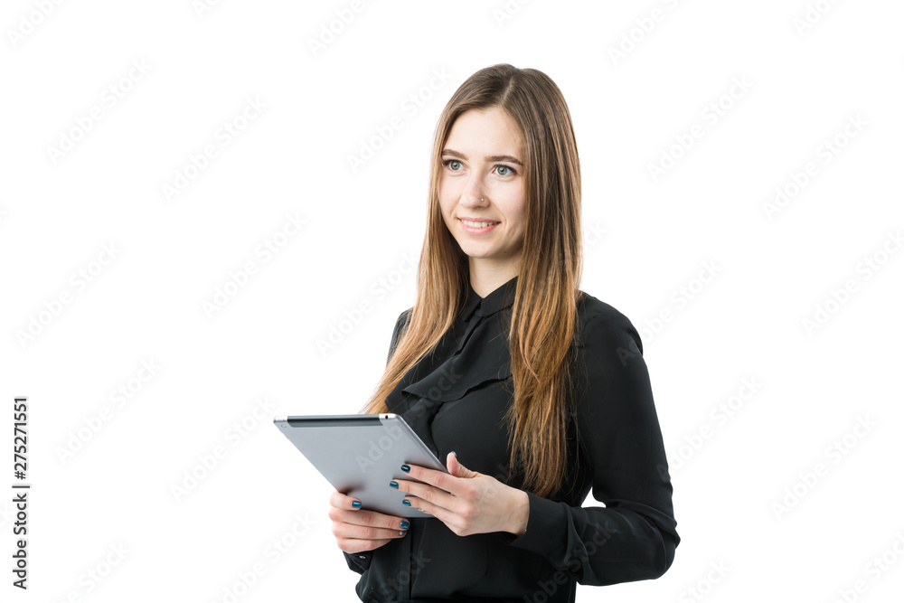 Woman business technology theme. Beautiful young caucasian woman in black shirt posing standing with tablet hands on white isolate background. Profession Marketer Sales Social Media Advertising Woman business technology theme. Beautiful young caucasian woman in black shirt posing standing with tablet hands on white isolate background. Profession Marketer Sales Social Media Advertising