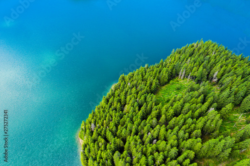 Aerial view of a forest lake. Aerial view of blue lake and green forests on a sunny summer day. Drone photography. Forest and lake border, Toned image from above. Coastline view from the drone. © Epic Vision