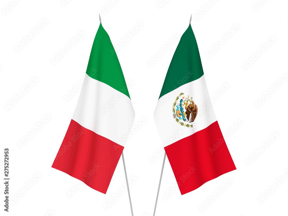 National fabric flags of Italy and Mexico isolated on white background. 3d rendering illustration. National fabric flags of Italy and Mexico isolated on white background. 3d rendering illustration.