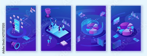 Data analysis center, business people analyze diagram, kpi analytics, digital technology in finance, AI concept, big research isometric vertical mobile template, teamwork 3d background