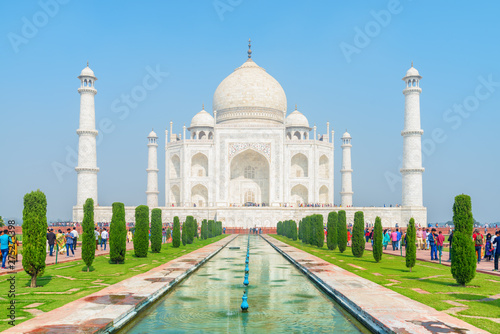 Scenic view of the Taj Mahal on blue sky background